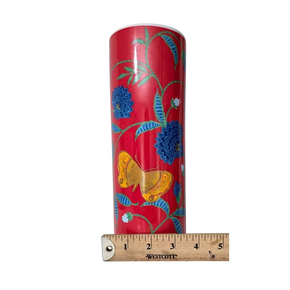 Otagiri Golden Butterfly Fraser Collection Red Floral Cylinder Vase Japan 9.5